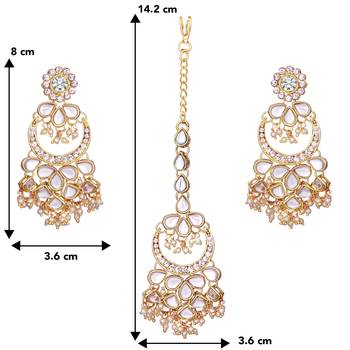 Women's faux kundan beaded maang tikka earrings set jewelry off white 4