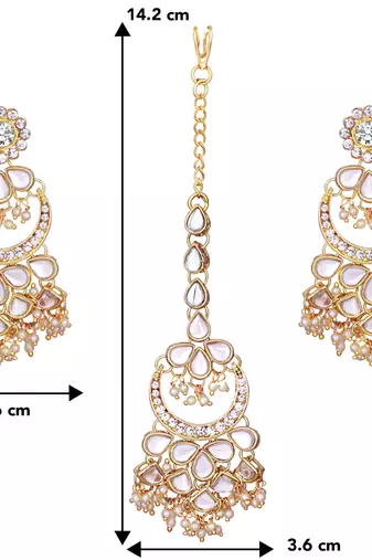 Women's faux kundan beaded maang tikka earrings set jewelry off white