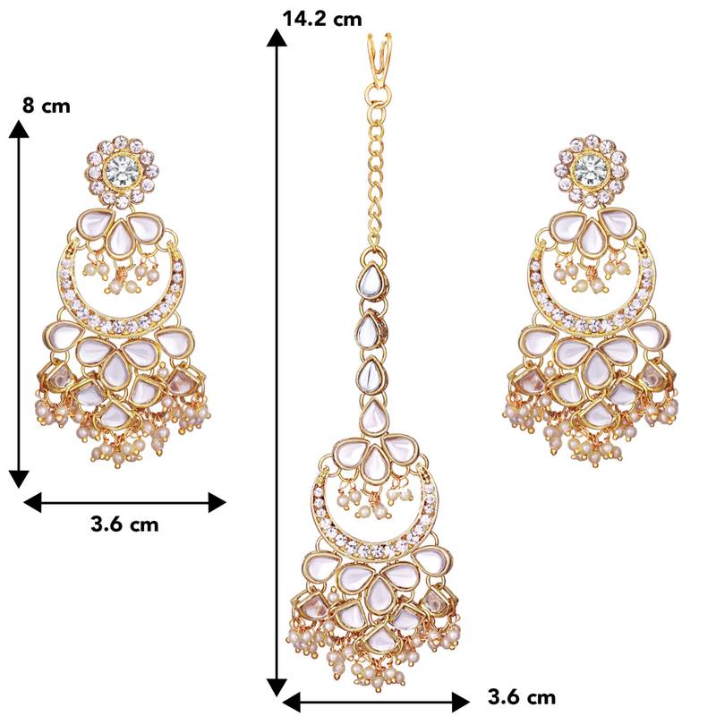 Women's faux kundan beaded maang tikka earrings set jewelry off white