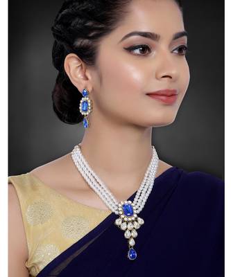Women's kundan pendant beads string necklace earrings jewelry bharatanatyam 1