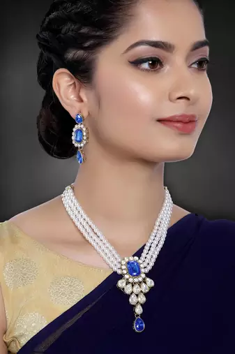 Women's kundan pendant beads string necklace earrings jewelry bharatanatyam