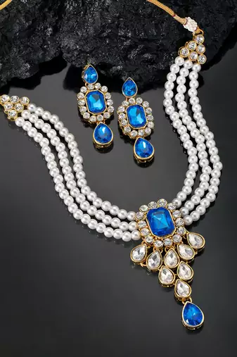 Women's kundan pendant beads string necklace earrings jewelry bharatanatyam