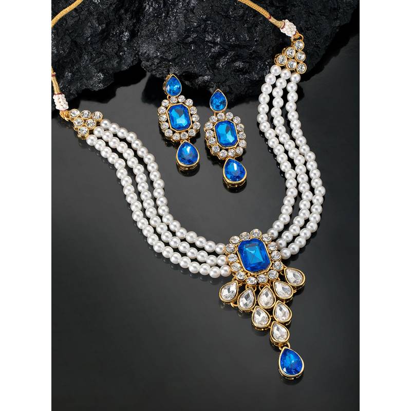 Women's kundan pendant beads string necklace earrings jewelry bharatanatyam