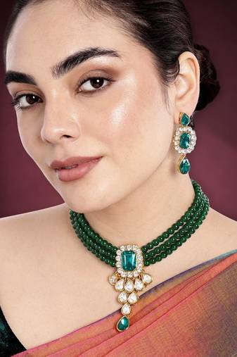 Crystal pearl necklace earring traditional bharatanatyam jewelry set