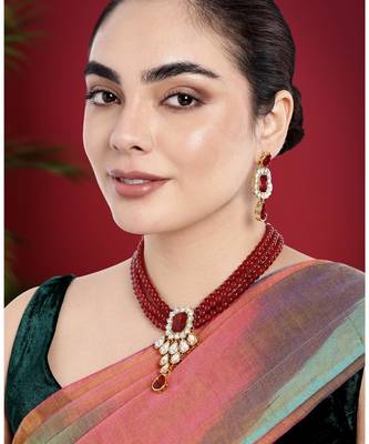 Crystal pearl necklace earring bharatanatyam jewelry set maroon 1