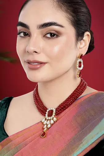 Crystal pearl necklace earring bharatanatyam jewelry set maroon