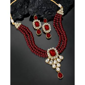 Crystal pearl necklace earring bharatanatyam jewelry set maroon 2