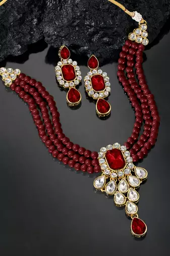 Crystal pearl necklace earring bharatanatyam jewelry set maroon