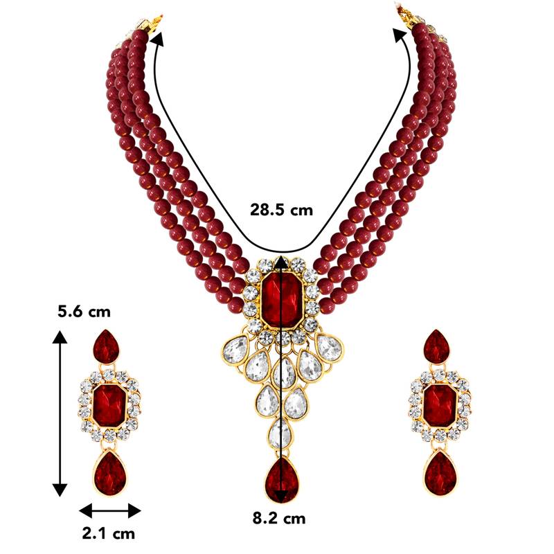 Crystal pearl necklace earring bharatanatyam jewelry set maroon