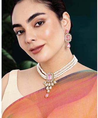 Women's crystal pearl necklace earring bharatanatyam jewelry set pink 1