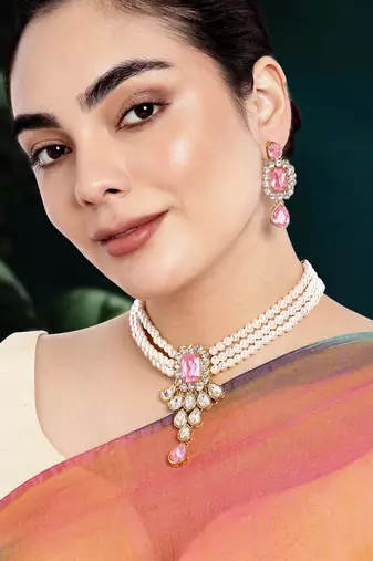 Women's crystal pearl necklace earring bharatanatyam jewelry set pink
