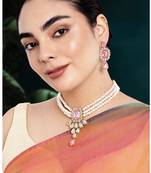 Women's crystal pearl necklace earring bharatanatyam jewelry set pink