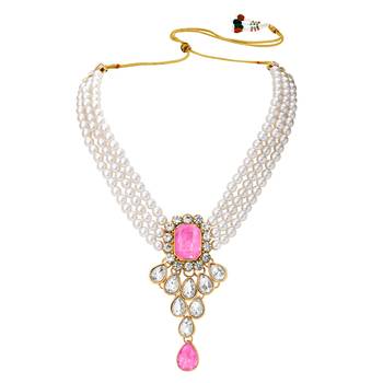 Women's crystal pearl necklace earring bharatanatyam jewelry set pink 2