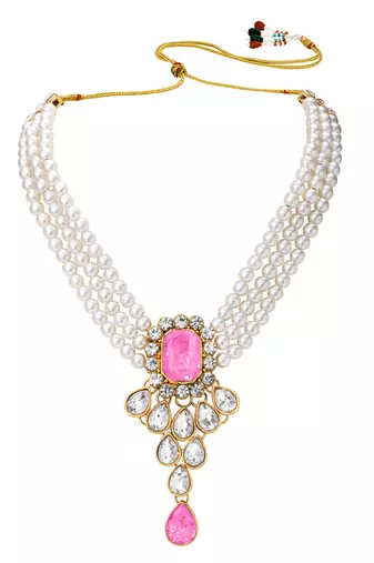 Women's crystal pearl necklace earring bharatanatyam jewelry set pink