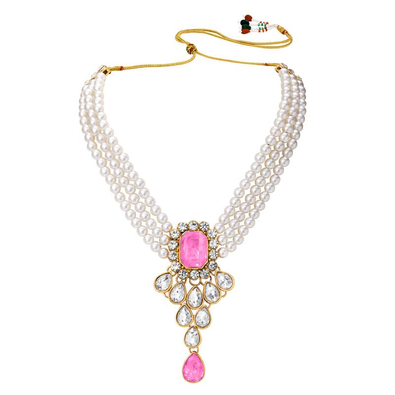 Women's crystal pearl necklace earring bharatanatyam jewelry set pink