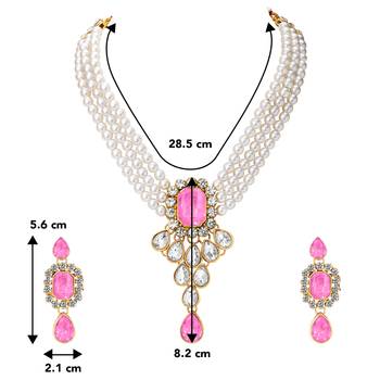 Women's crystal pearl necklace earring bharatanatyam jewelry set pink 3