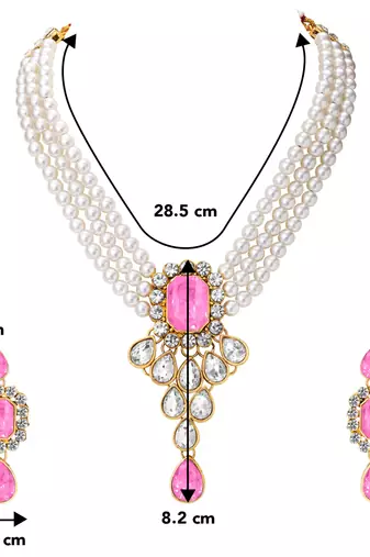 Women's crystal pearl necklace earring bharatanatyam jewelry set pink