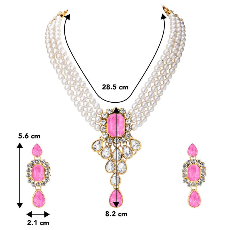 Women's crystal pearl necklace earring bharatanatyam jewelry set pink