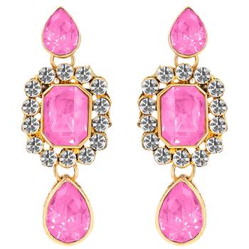 Women's crystal pearl necklace earring bharatanatyam jewelry set pink 4