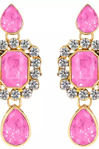 Women's crystal pearl necklace earring bharatanatyam jewelry set pink