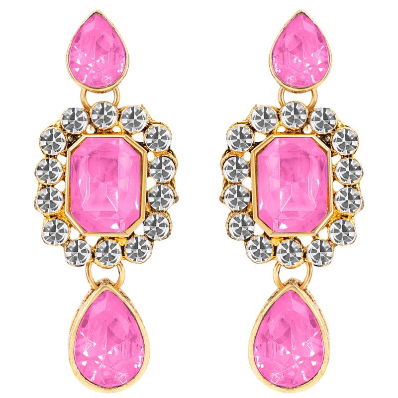 Women's crystal pearl necklace earring bharatanatyam jewelry set pink