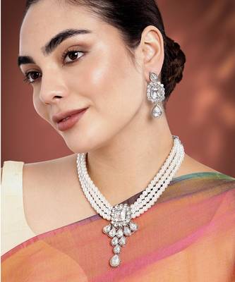 Women's crystal pearl necklace earring bharatanatyam jewelry set white 1