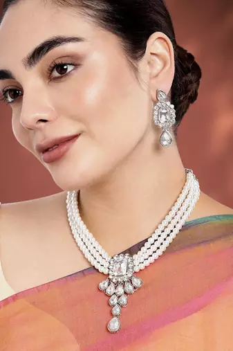 Women's crystal pearl necklace earring bharatanatyam jewelry set white