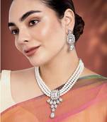 Women's crystal pearl necklace earring bharatanatyam jewelry set white