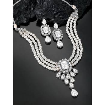 Women's crystal pearl necklace earring bharatanatyam jewelry set white 2