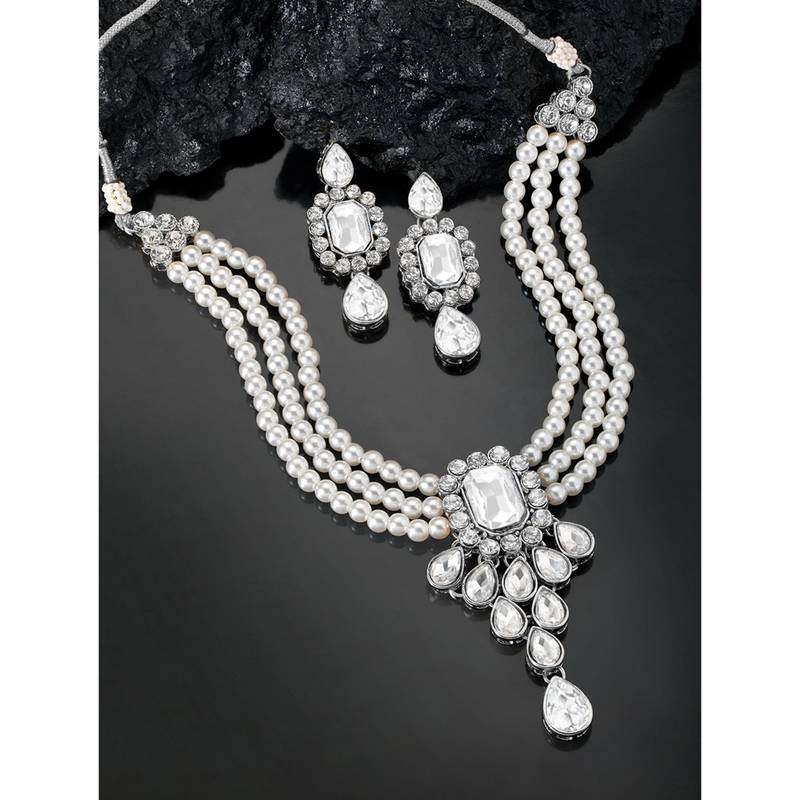Women's crystal pearl necklace earring bharatanatyam jewelry set white