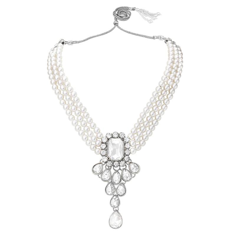 Women's crystal pearl necklace earring bharatanatyam jewelry set white
