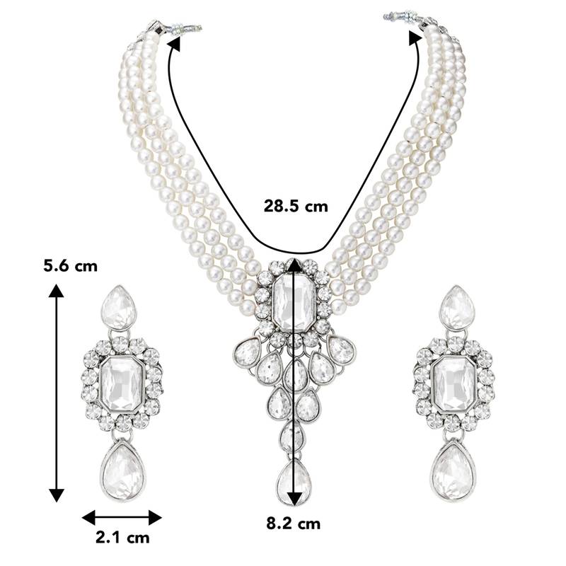 Women's crystal pearl necklace earring bharatanatyam jewelry set white