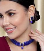 Women's blue crystal pearl beaded choker necklace bharatanatyam jewelry set