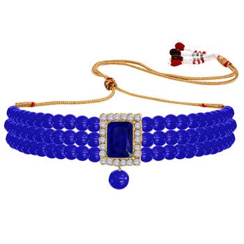 Women's blue crystal pearl beaded choker necklace bharatanatyam jewelry set 3