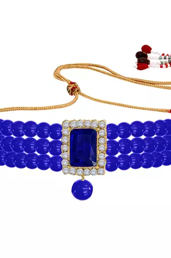 Women's blue crystal pearl beaded choker necklace bharatanatyam jewelry set