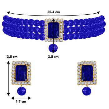 Women's blue crystal pearl beaded choker necklace bharatanatyam jewelry set 4
