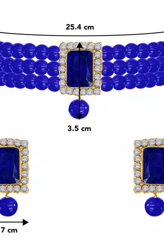 Women's blue crystal pearl beaded choker necklace bharatanatyam jewelry set