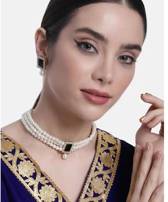 Women's beads black kundan choker necklace drop earring bharatanatyam jewelry 1