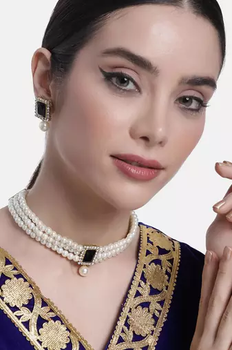 Women's beads black kundan choker necklace drop earring bharatanatyam jewelry