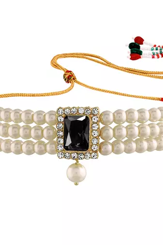 Women's beads black kundan choker necklace drop earring bharatanatyam jewelry