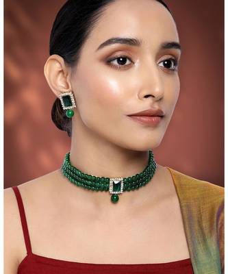 Women's choker necklace earrings bollywood bharatanatyam jewelry set green 1
