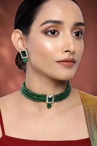 Women's choker necklace earrings bollywood bharatanatyam jewelry set green