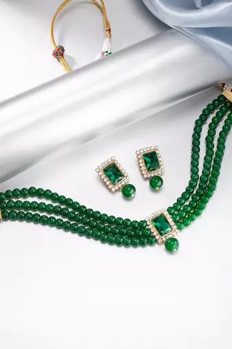 Women's choker necklace earrings bollywood bharatanatyam jewelry set green
