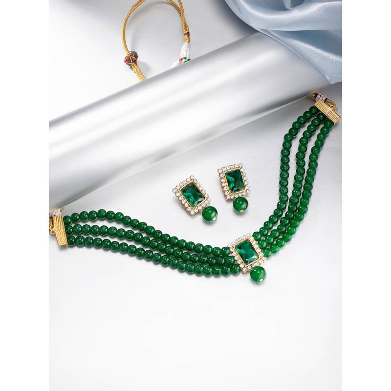 Women's choker necklace earrings bollywood bharatanatyam jewelry set green