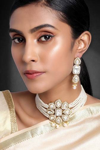Women's shining crystal beaded adjustable choker necklace earring
