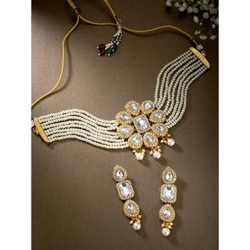Women's shining crystal beaded adjustable choker necklace earring 2