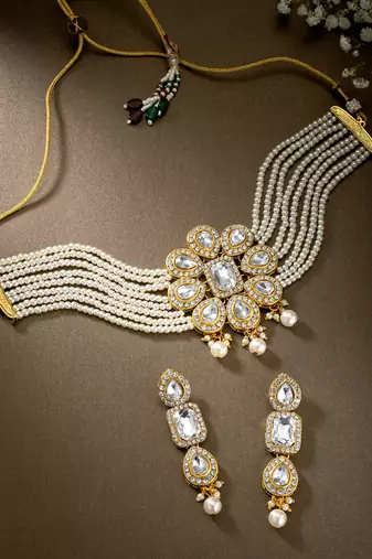 Women's shining crystal beaded adjustable choker necklace earring