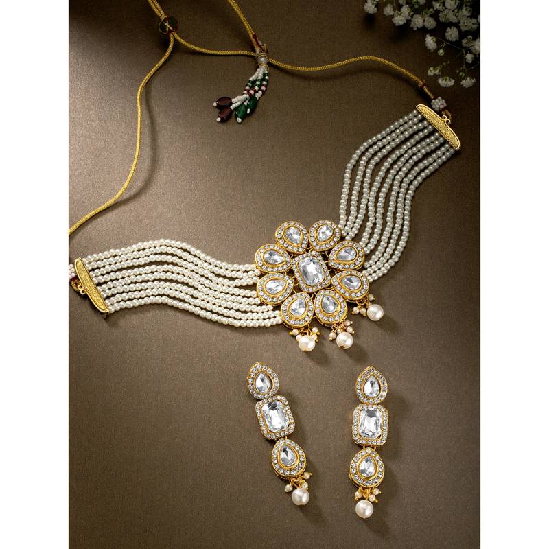 Women's shining crystal beaded adjustable choker necklace earring