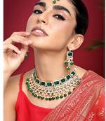 Women's green crystal choker necklace earring maang tikka bharatanatyam