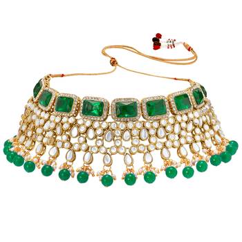 Women's green crystal choker necklace earring maang tikka bharatanatyam 3